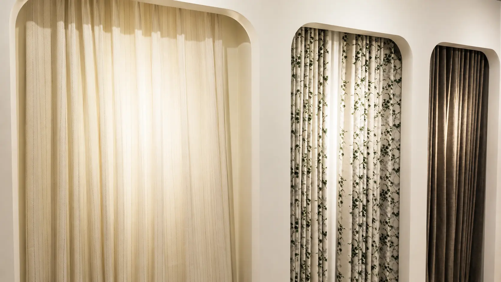Neutral and patterned curtains displayed in a showroom